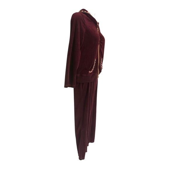 Monroe & Main Velour Tracksuit Burgundy Chain Trim Zipper Jacket Active Pant Set - Picture 7 of 16